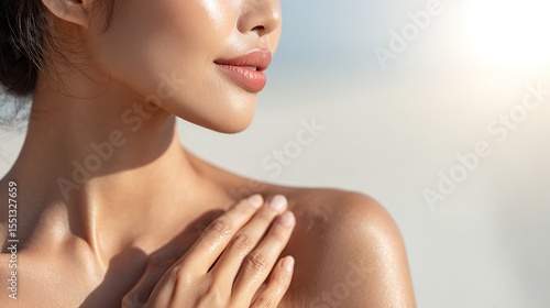 Asian woman applying sunscreen on collarbone under natural sunlight, symbolizing UV protection, skincare awareness, and healthy outdoor beauty with clean minimal composition