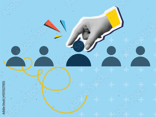 A person puts one icon of a person in a row. Concept of hiring staff and building a team. Modern collage style. Vector illustration