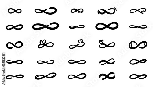 Doodle infinity icon set. Hand drawn endless loop symbols. Vector collection of infinite signs in sketch style. Minimal black outline elements. Isolated illustration.