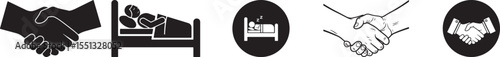 Black and White Icon Set depicting Handshake Sleeping Person Bed Resting and Business Deal Agreement Symbols