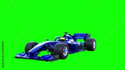 3D rendering of a blue Formula One-style racing car in a seamless 360-degree rotating loop on a green screen background. 