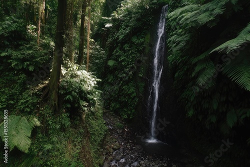 Lush waterfall cascading down a verdant jungle wall