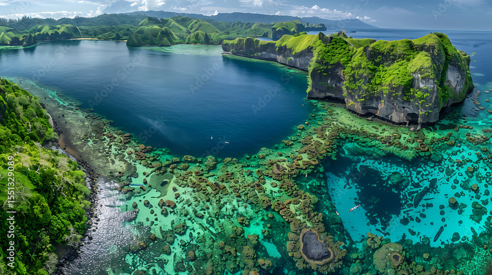 Fototapeta premium A vibrant tropical coral reef thrives in the clear blue sea, part of a stunning island nature landscape perfect for a summer travel vacation