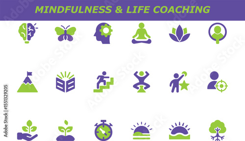 Mindfulness Life Coaching Icons Green Purple Growth Mind Body Spirit Wellness Bundle