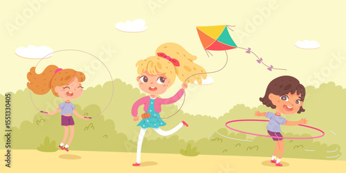 Girls playing in park. Kids at playground with rope, hula hoop and kite. Outdoor summer activities in backyard. Cartoon vector illustration.