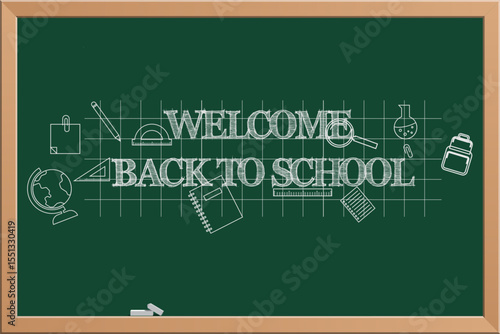 School blackboard. Green chalkboard with wooden frame and welcome text. Welcome back to school horizontal background. Cartoon vector illustration.