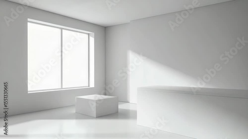 Wallpaper Mural Bright minimalist interior showcasing two white cuboids near windows illuminating an empty room with glossy floor, neutral tones, and clean geometric forms. Torontodigital.ca