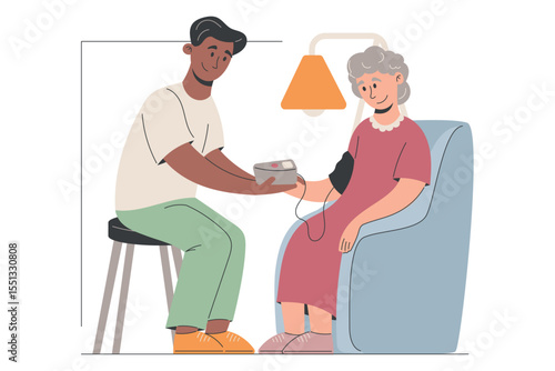 Flat vector isolated illustration of caregiver checking elderly woman blood pressure at home. Great for medical, senior care, healthcare services, home visit, and wellness support content.