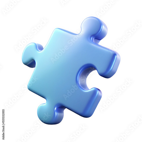Single Light Blue 3 D Puzzle Piece Icon with Soft Glowing Edges Rendered on Transparent Background isolated on a transparent background