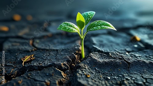 Time lapse photography of cinematic close up of small green plant sprouting through cracked dry soil dew drops on leaves and blackened soil 