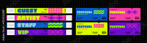 Music Festival Tickets. Vector Event Pass Designs. Party and Festival Bracelet Tickets.