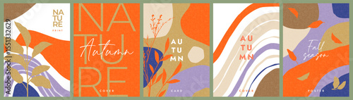 Set of trendy modern art style abstract autumn poster or cover with bright beautiful leaves, plants, shapes. Fall background, Sale banner, or flyer design. Template for advertising, web, social media
