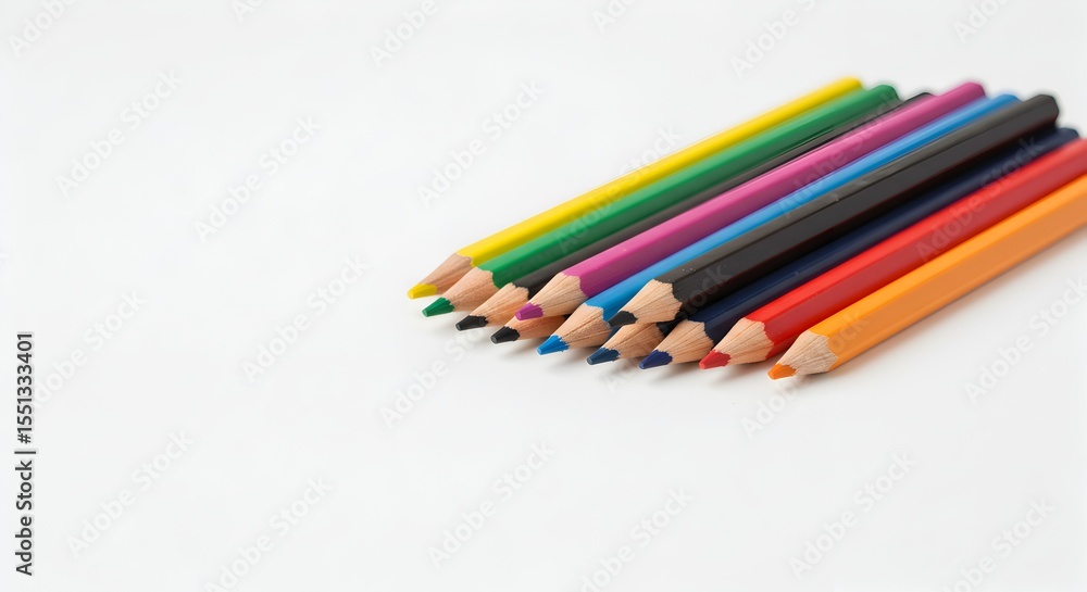 A collection of colorful pencils arranged neatly with their tips facing forward. A collection of colorful pencils arranged neatly with their tips facing forward.