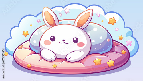 3D cute white bunny character, chubby and soft, lying sleepily on a fluffy cushion with star patterns, pastel color palette, dreamy and kawaii atmosphere, minimalistic design, clean and smooth texture