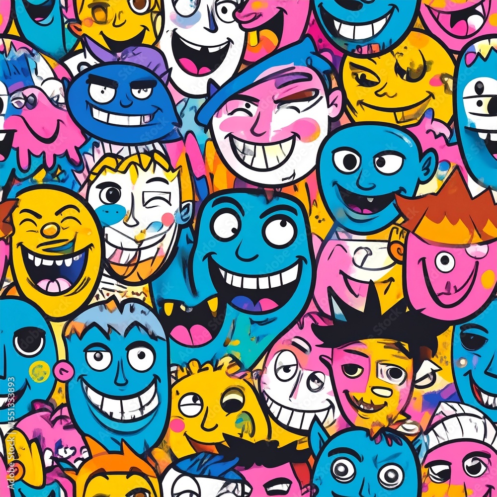 Seamless Pattern of Street-Style Cartoon Faces with Expressive Emotions and Bold Outlines Seamless Pattern of Street-Style Cartoon Faces with Expressive Emotions and Bold Outlines