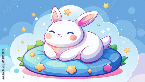 3D cute white bunny character, chubby and soft, lying sleepily on a fluffy cushion with star patterns, pastel color palette, dreamy and kawaii atmosphere, minimalistic design, clean and smooth texture