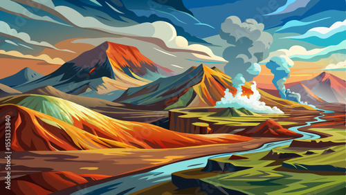 Dramatic landscape of the Kerlingarfjoll volcanic mountain range in the Icelandic Highlands during summer, featuring colorful geothermal sulfur smoke rising from the rugged terrain