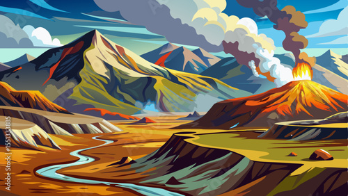 Dramatic landscape of the Kerlingarfjoll volcanic mountain range in the Icelandic Highlands during summer, featuring colorful geothermal sulfur smoke rising from the rugged terrain
