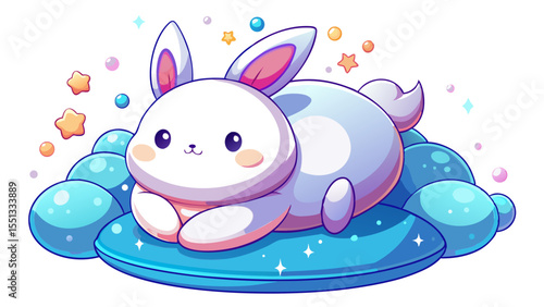 3D cute white bunny character, chubby and soft, lying sleepily on a fluffy cushion with star patterns, pastel color palette, dreamy and kawaii atmosphere, minimalistic design, clean and smooth texture