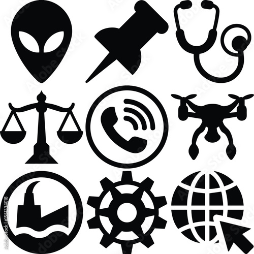 Nine Black Glyph Icons Set on White Background Alien Head Push Pin Stethoscope Scales Phone Drone Ship Gear Globe Cursor