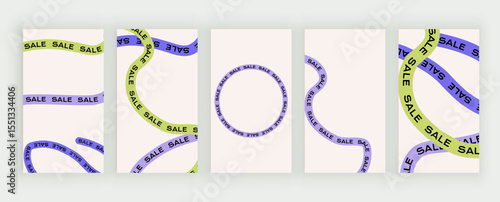 SALE tape designs on posters and stories social media in modern flat style over light pastel background, concept for marketing discount advertisement
