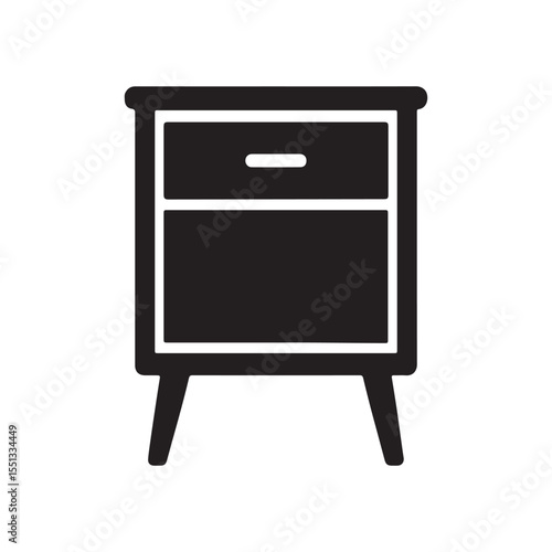 Simple black icon of a two drawer nightstand with tapered legs