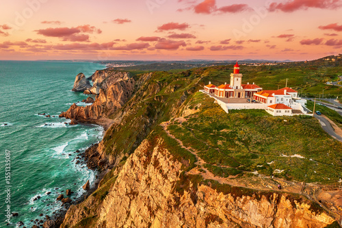 View of the Cabo da Roca Lighthouse at sunset. Sintra, Portugal.