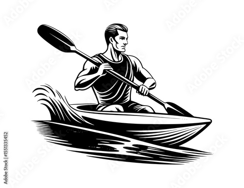 Strong man kayaking through waves in bold black and white engraving style - vector illustration
