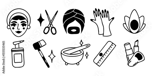 Set of Beauty, Skincare, and Wellness Icons in Black and White Outline Doodle Style for Salons and Spas.
