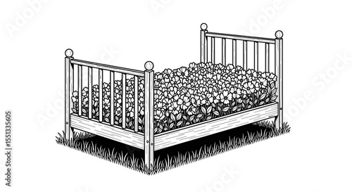 Charming flower bed shaped like a bed for whimsical garden decoration and landscaping, copy space