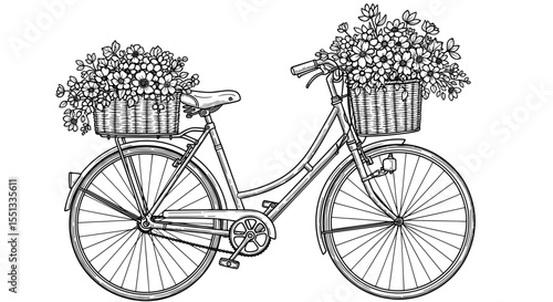 Charming bicycle adorned with flower baskets for whimsical garden decoration and outdoor appeal