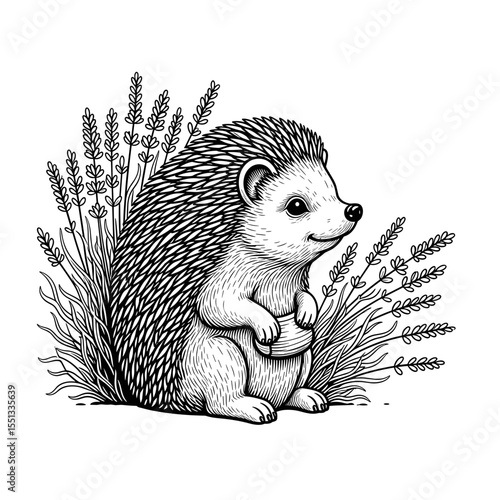 Adorable hedgehog garden figurine with a lavender background for whimsical outdoor decoration, copy space