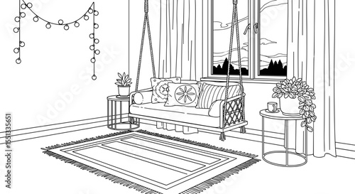 Cozy indoor swing chair with cushions and potted plants in a stylish living room setting