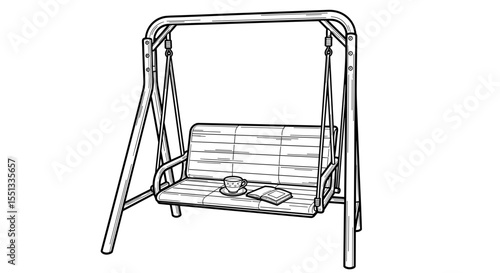 Simple outdoor swing bench with comfortable cushions for relaxation and leisure, copy space