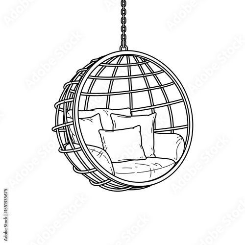 Hanging round chair with cushions for stylish indoor or outdoor relaxation, copy space
