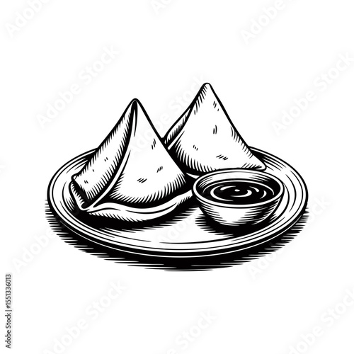 Traditional samosa with chutney on plate vintage style vector illustration