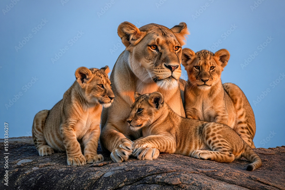 Obraz premium female lion with her 3 cubs on a jagged granite, breath visible in the crisp mountain air; the sinking sun casts a cool blue‑violet ambiance