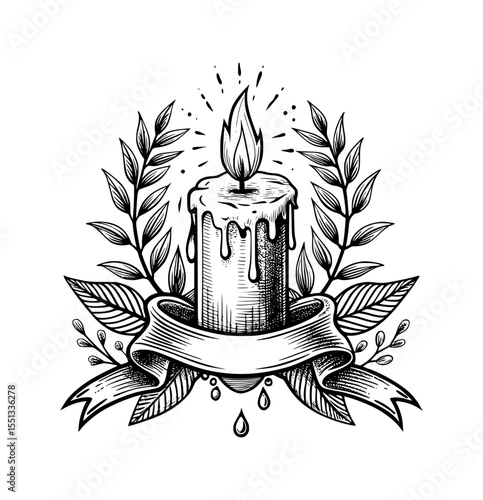 Candle Flame and Floral Decor Ribbon Vintage Tattoo Style Vector Illustration