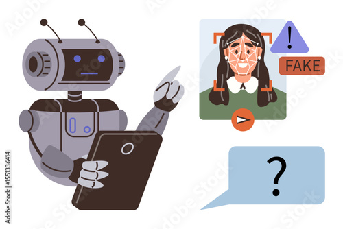 Robot analyzing fake face recognition with tablet, alert icons highlight fraud. Ideal for AI, cybersecurity, deepfake detection, digital safety, fraud prevention, technology ethics, simple flat