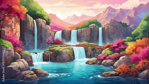 Majestic Mountains Guard Peaceful Waterfall Scene
