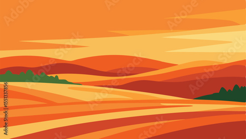 Stylized autumnal landscape illustration depicting rolling hills and fields in warm earthy tones