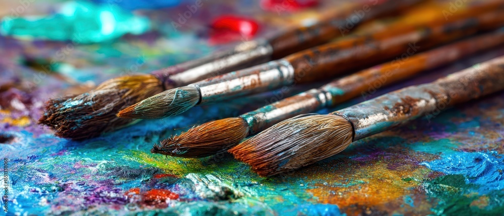 Fototapeta premium The collection of artist brushes resting on a colorful paint palette.