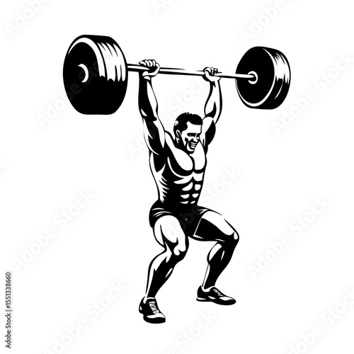 Weightlifter performing a clean and jerk exercise isolated on white background