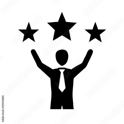 Isolated on white background, a businessman celebrates success by holding up three stars, symbolizing achievement and victory