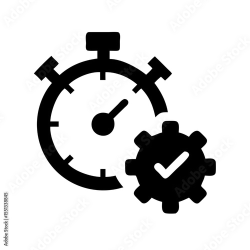 Stopwatch and gear with check mark icon symbolizing efficient process completion isolated on white background