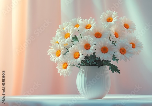 Wallpaper Mural A white vase holds a bouquet of vibrant white daisies with orange centers, set against a softly lit pastel background. Torontodigital.ca