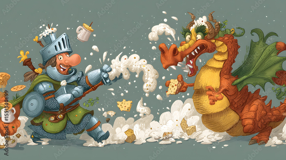 Fototapeta premium storybook illustration of a knight and a dragon