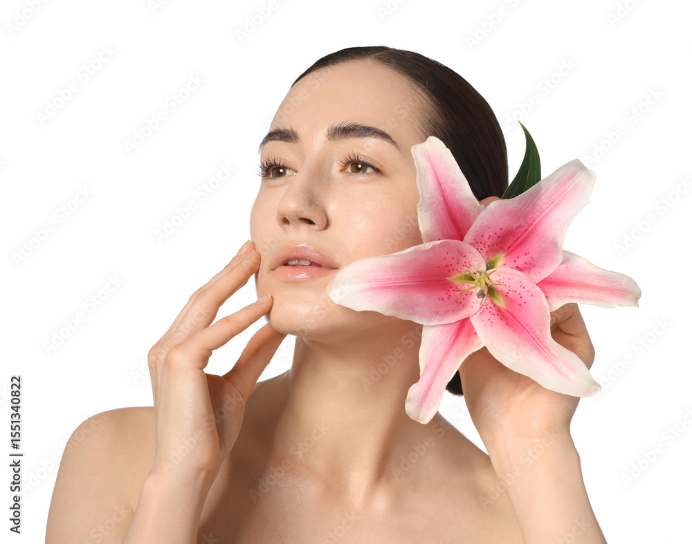 Beautiful woman with lily flower after spa treatment on white background, closeup Beautiful woman with lily flower after spa treatment on white background, closeup