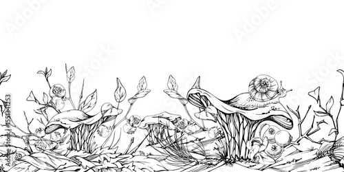 Golden chanterelle girolle mushroom snail, blackberry cranberry twigs, pine needles bark moss lichen growth. Fungus seamless banner header hand drawn in vector ink. Wild food, farmers market packaging