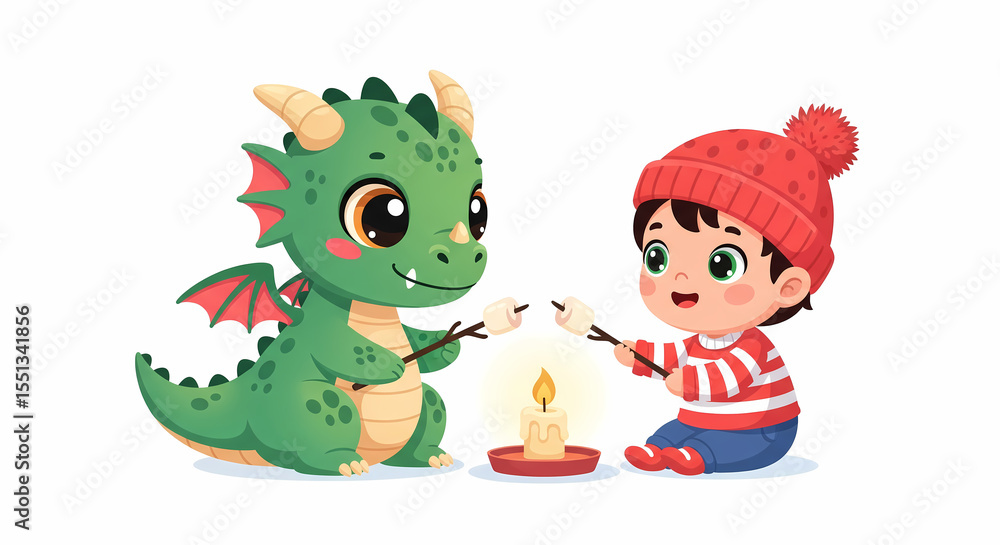 Naklejka premium Cute Dragon and Boy Roasting Marshmallows Over Candle 